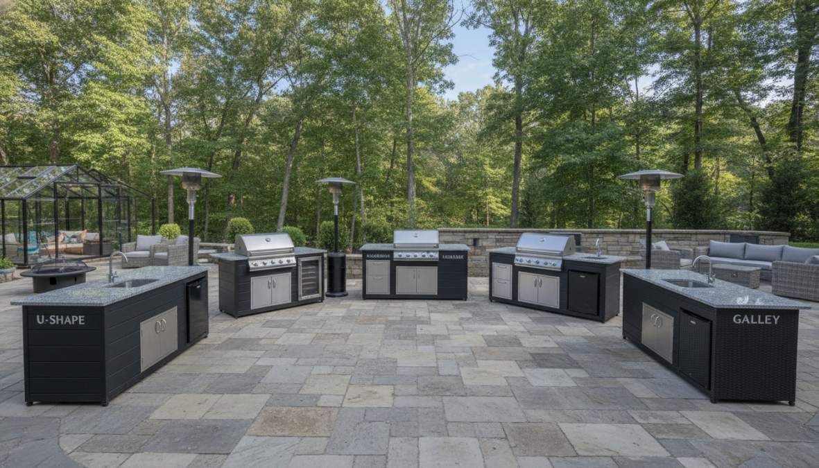 Overhead view of a luxury island outdoor kitchen with stainless steel appliances, granite countertops, and a grill station surrounded by comfortable seating areas on a patio, dappled afternoon shade from a pergola