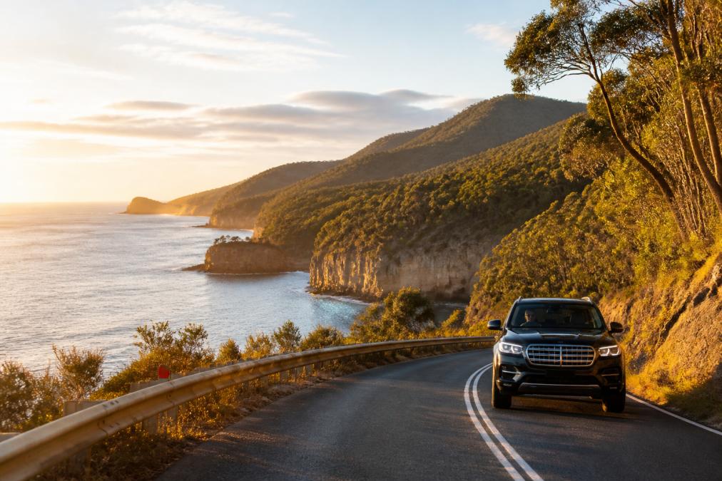 Luxury SUV driving along a scenic coastal road during a luxury Tasmania trip with golden light on ocean cliffs.