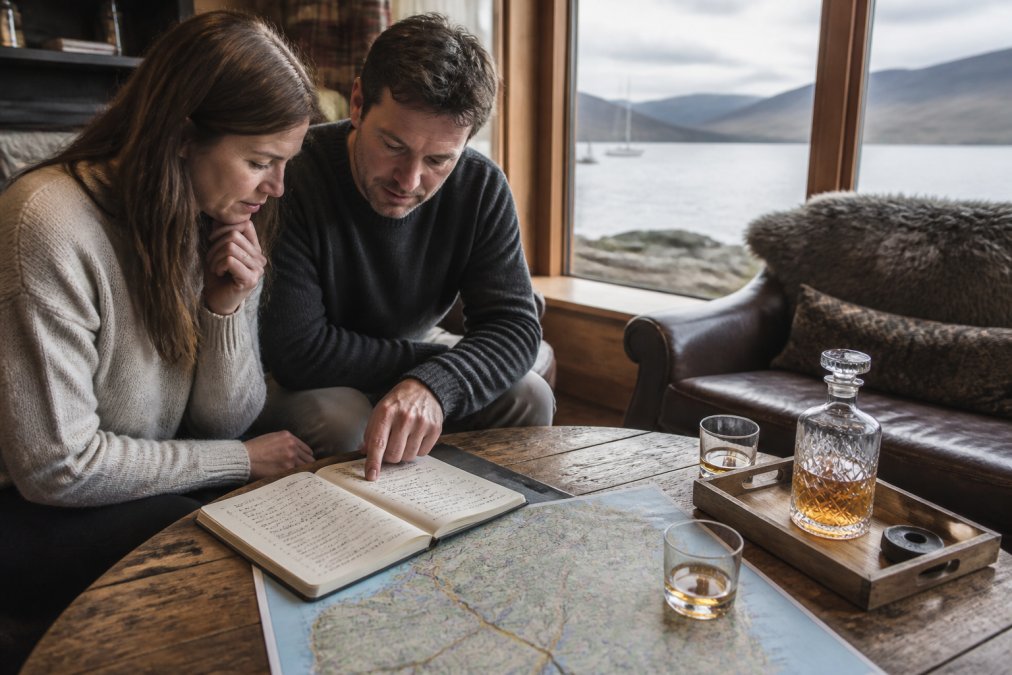 A couple reviewing a handwritten itinerary and map on a wooden table in a cosy lodge lounge, with a dram of whisky and a view of a Scottish loch through the window