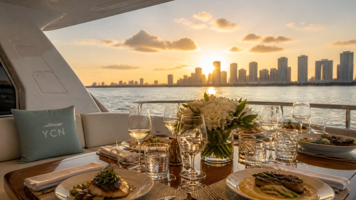 An elegantly set dining table on the aft deck of a luxury motor yacht at golden hour, with Biscayne Bay and the Miami skyline in the background, plated dinner courses and wine glasses catching the sunset light