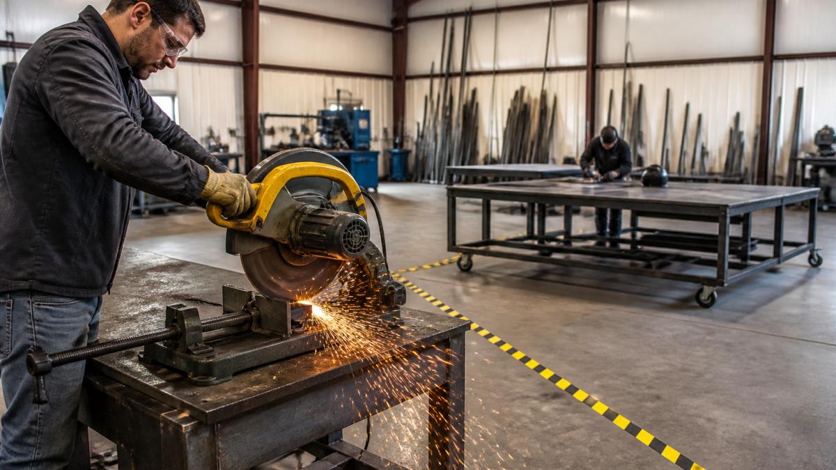 A metal fabricator in safety glasses and gloves operating a cut-off saw in a clean, well-lit workshop, with marked floor tape separating the cutting zone from an assembly table in the background