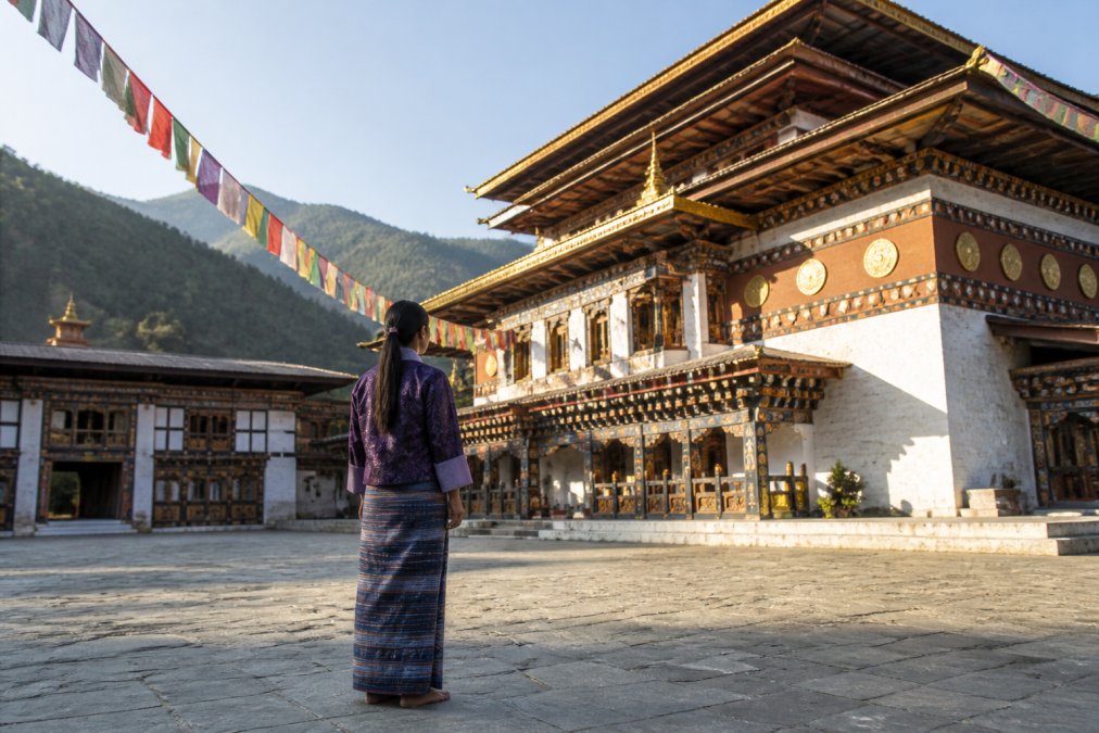 Respectful visitor in traditional dress standing before a Buddhist monastery with prayer flags, demonstrating proper posture and reverence during a temple visit, natural morning light illuminating the sacred space