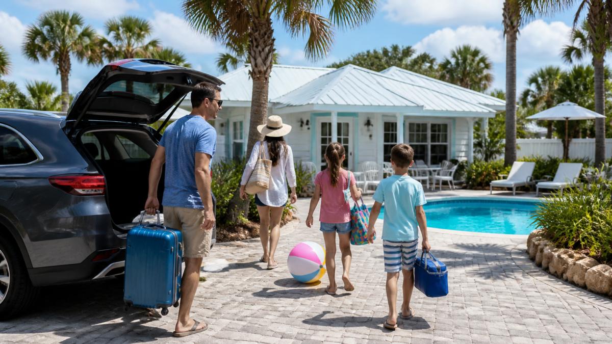 Family unloading luggage at a sunny Cape Canaveral beach stay cottage with a private pool and palm trees.