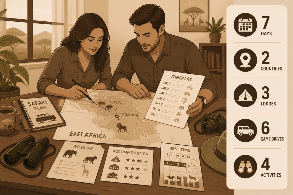 Couple planning safari trip together at home, reviewing detailed maps and travel itineraries with documents spread across wooden table, natural window lighting
