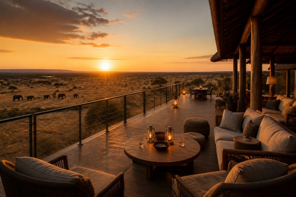 Luxury safari lodge at golden hour sunset with expansive outdoor viewing deck overlooking African savanna, comfortable seating areas, warm lighting, distant wildlife visible across landscape
