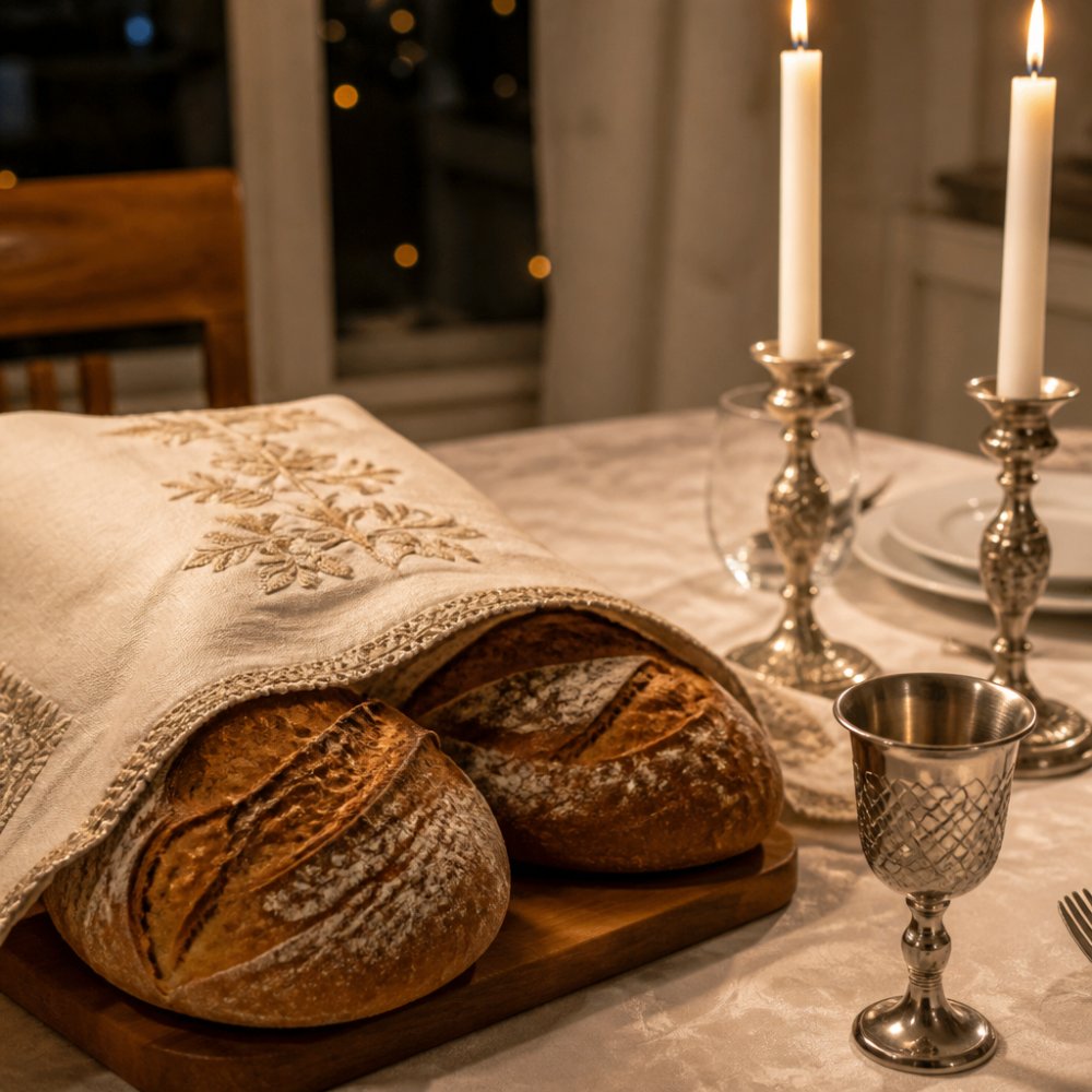 A wooden Shabbos table set with a white tablecloth, two rustic artisan sourdough loaves on a challah board, covered with an embroidered challah cover, next to candlesticks and a kiddush cup, warm evening light