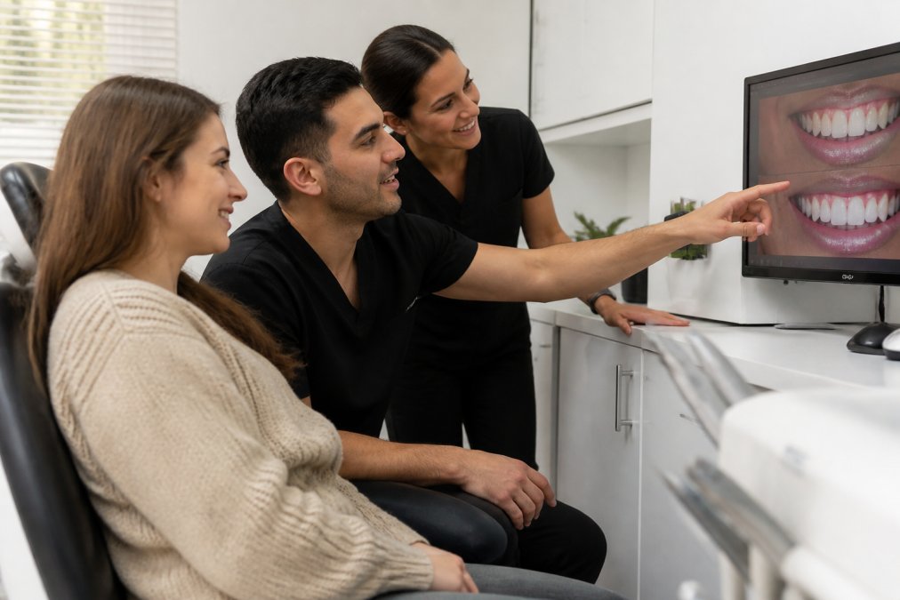 Professional dental team reviewing digital smile design mock-up on computer screen with patient, patient smiling with confidence while looking at screen together in modern clinic