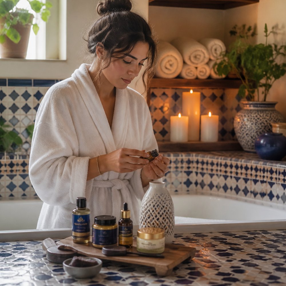 Bathroom with candlelight, rolled towels, and a diffuser to learn how to plan a spa day at home in a serene space.