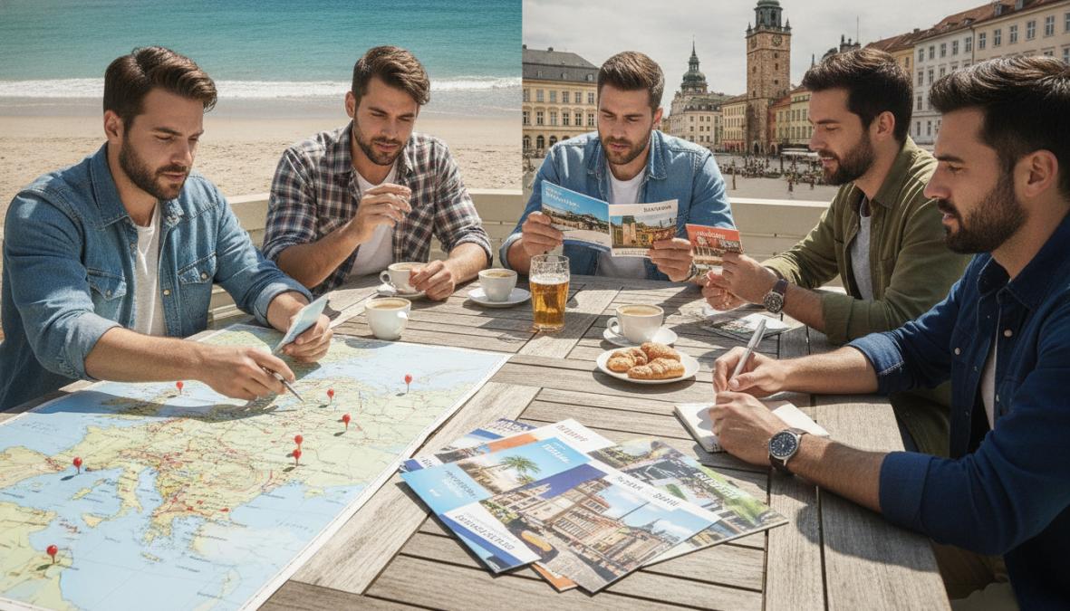A diverse group of men enjoying nightlife and activities at a vibrant European beach destination, with Mediterranean scenery and celebration in the background
