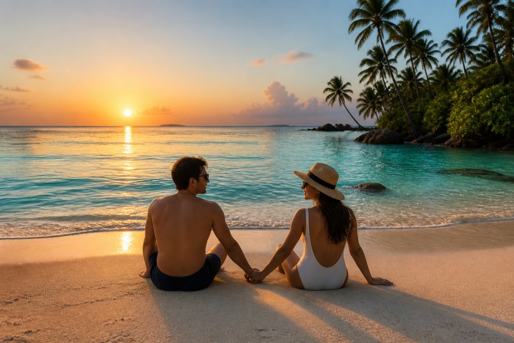 Couple relaxing on a tropical beach at sunset, holding hands, with clear turquoise water and palm trees in the background