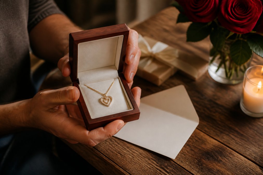 A husband's hands holding a small personalized jewelry box with a delicate engraved necklace inside, soft warm lighting on a wooden table with a handwritten card nearby