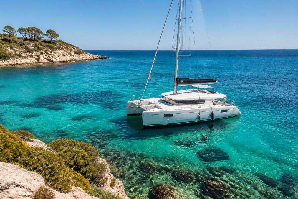 Modern sailing catamaran anchored in clear turquoise Mediterranean waters near a rocky coastline with marine vegetation visible below the surface