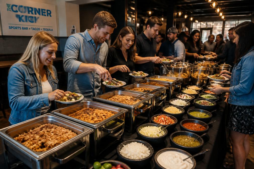 Wide shot of a buffet-style taco station at a lively party with guests building their own tacos, chafing dishes keeping meat warm, and labeled condiment bowls arranged in a clear left-to-right flow on a long table with warm lighting