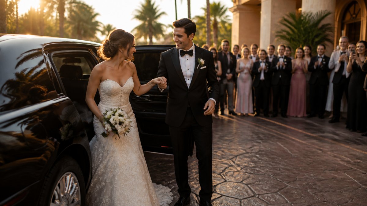 Bride and groom exiting a luxury limousine at the reception venue entrance with wedding guests gathered nearby, late afternoon golden hour lighting