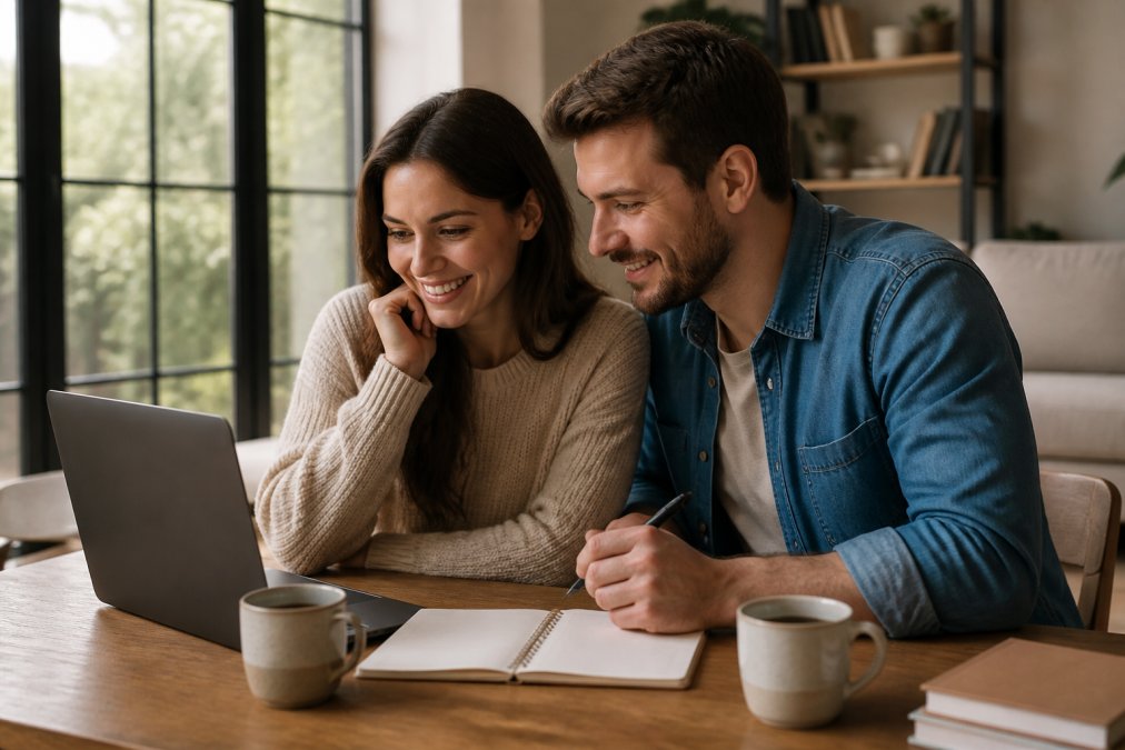 Engaged couple sitting together at a table with a laptop and notebook, reviewing their wedding plans and digital planner on screen, coffee cups nearby, smiling and collaborating