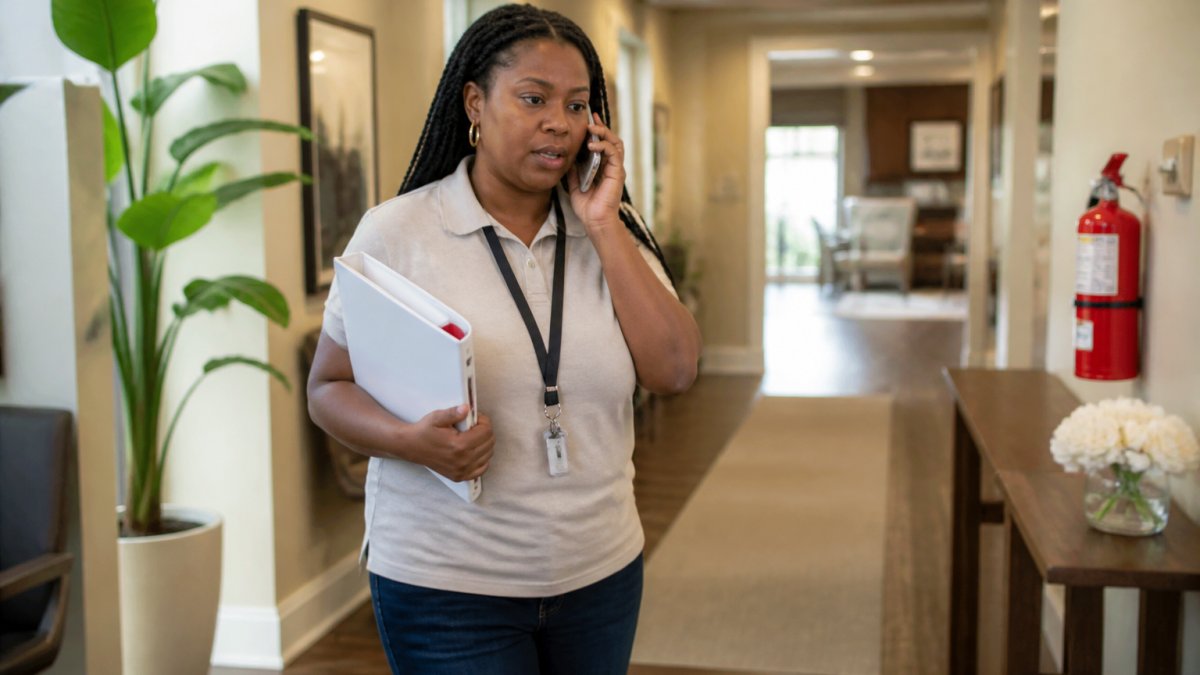 A family member sitting across a desk from a caring adult day care staff member, reviewing emergency paperwork together in a bright, home-like office