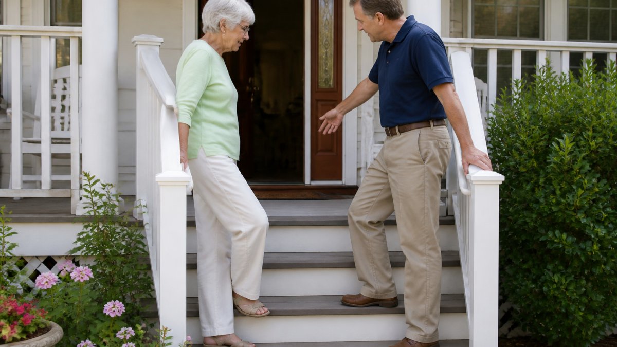 Older adult and family member walking through home entryway, examining handrails and step accessibility in natural daylight