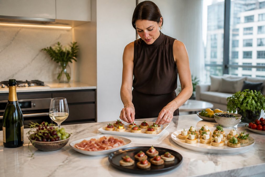 A host arranging elegant canapés on a marble benchtop in a compact Sydney apartment kitchen, with fresh ingredients and small serving platters visible
