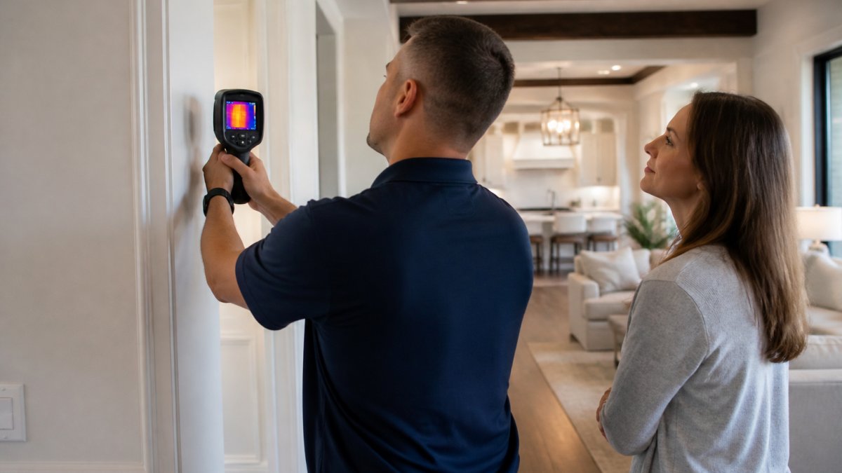 A certified energy auditor in a polo shirt using a thermal imaging camera to check wall insulation in a bright, upscale home interior while a homeowner watches