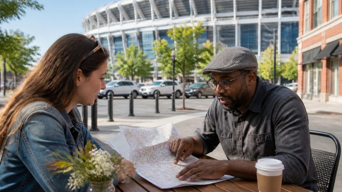 A visitor and local guide reviewing a printed itinerary map for event trip planning at a sidewalk cafe.
