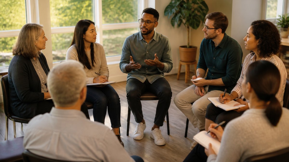 Diverse colleagues sitting in a circle during an inclusive corporate retreat, listening as one person speaks.