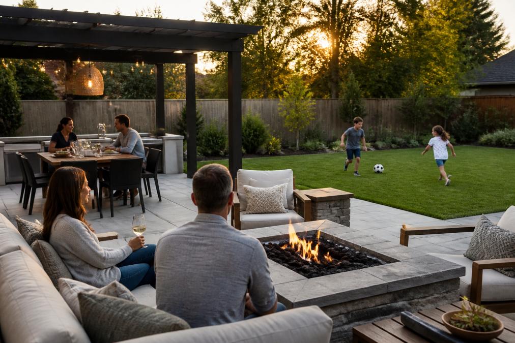 A family with two young children enjoying a backyard with distinct zones: a dining table under a pergola on one side, a grassy play area with a ball on the other, and a lounge seating area with a fire pit in the center, late afternoon golden hour lighting