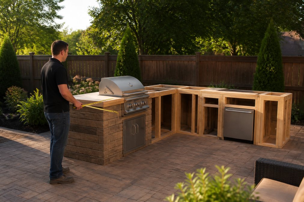 Homeowner measuring an L-shaped outdoor kitchen layout on a sunny patio