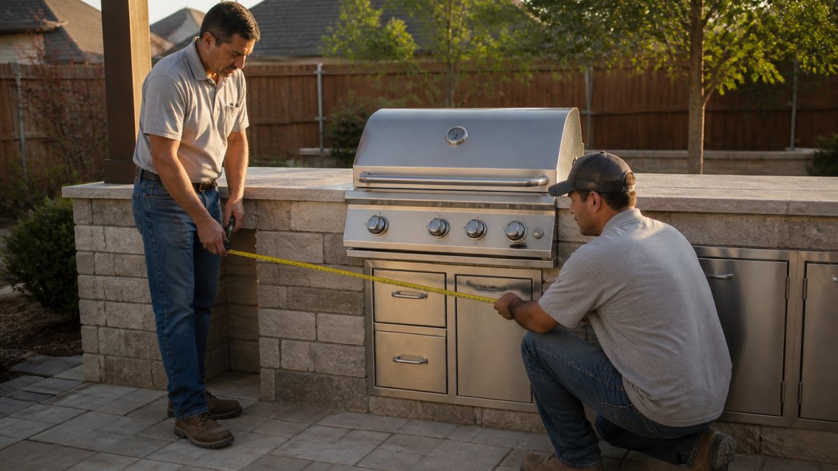 Homeowner and contractor measuring grill clearance for an outdoor kitchen layout on a Dallas patio