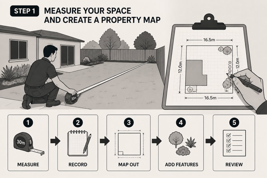 Homeowner measuring backyard with a 30-metre measuring tape, clipboard with graph paper visible, pencil in hand, demonstrating the practical process of documenting outdoor space dimensions