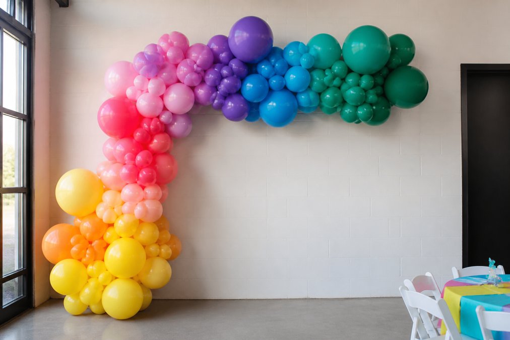Colorful balloon arch and garland display in a bright party space with multiple balloon colors arranged in ombré pattern, showing latex balloons of various sizes clustered together with glue dots securing them to a wall