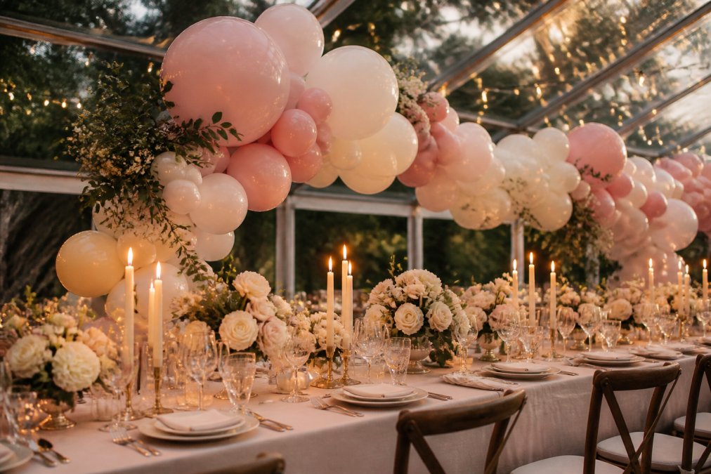 A wedding reception table styled with an organic balloon garland in soft pastel pink and cream tones, surrounded by lit taper candles and white floral centerpieces under warm string lights