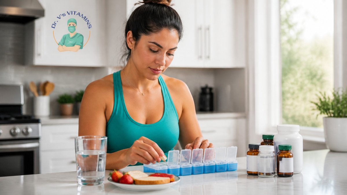 Person filling a weekly pill organizer at a kitchen counter with water and breakfast