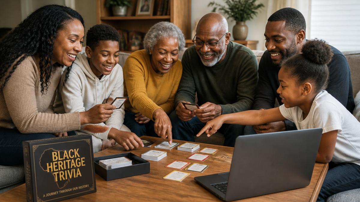 Multigenerational family playing a trivia game with a laptop for virtual participants in a living room.