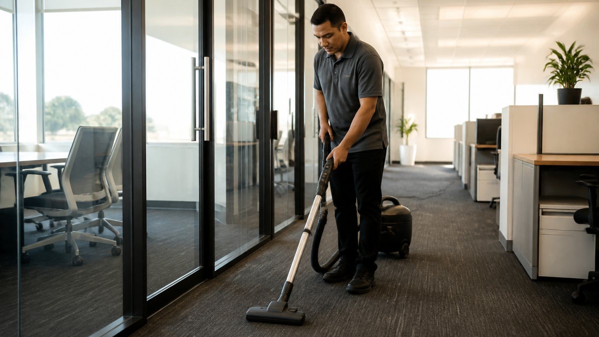 A cleaning professional in a uniform quietly vacuuming a carpeted office corridor near closed glass meeting room doors, with a small 'cleaning in progress' sign on a stand, daytime light through windows, desks and monitors visible in the background