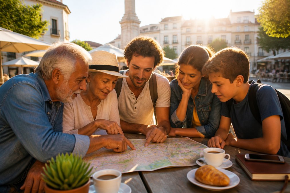 Three generations of a family studying a paper map together at an outdoor cafe table, grandparents pointing at a route while parents and a teenager lean in to look, warm afternoon sunlight casting long shadows