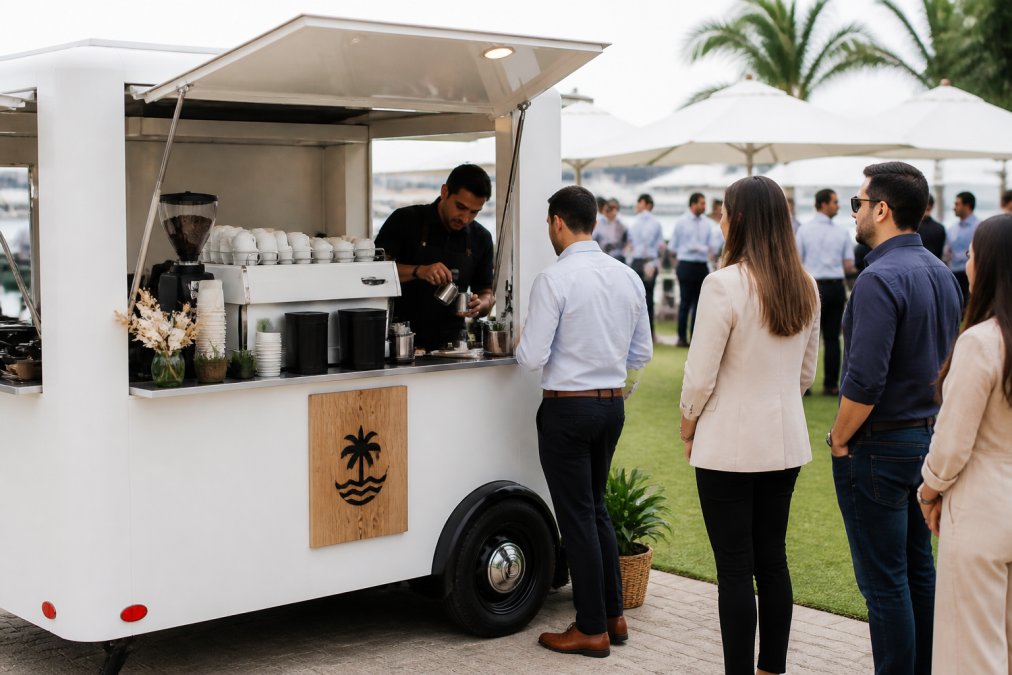 Professional mobile espresso cart positioned at outdoor corporate event with barista in dark apron preparing specialty drinks, guests in business casual clothing waiting in line, branded signage visible on cart side, natural daylight