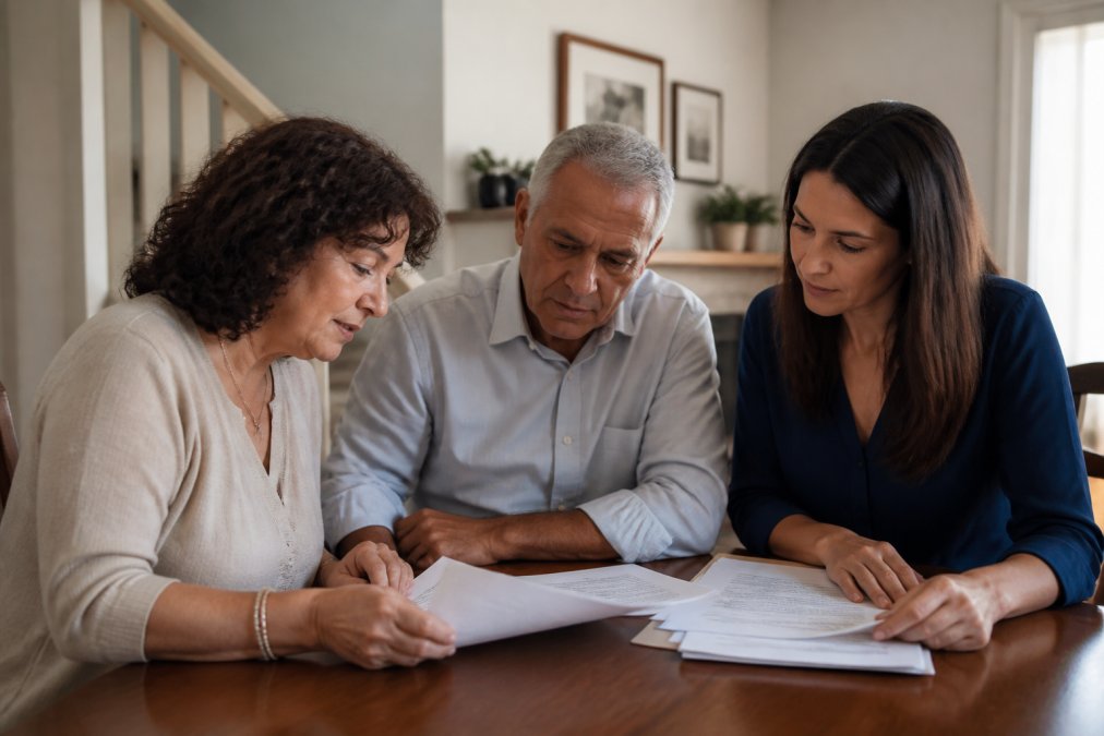 Family members gathered around a table reviewing important documents and paperwork in a home setting with natural afternoon light