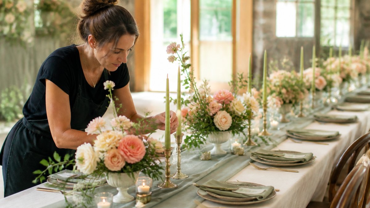 A long reception table set with low floral centerpieces, taper candles, and linen runners in a softly lit event space, with a florist's hands adjusting a stem