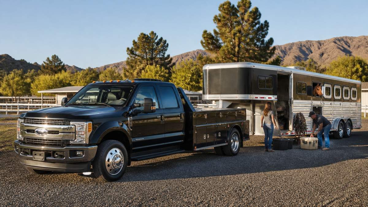 A heavy-duty hauler truck with a custom bed parked on a rural gravel lot, gooseneck horse trailer hitched behind it, late afternoon light, horse visible at the trailer window