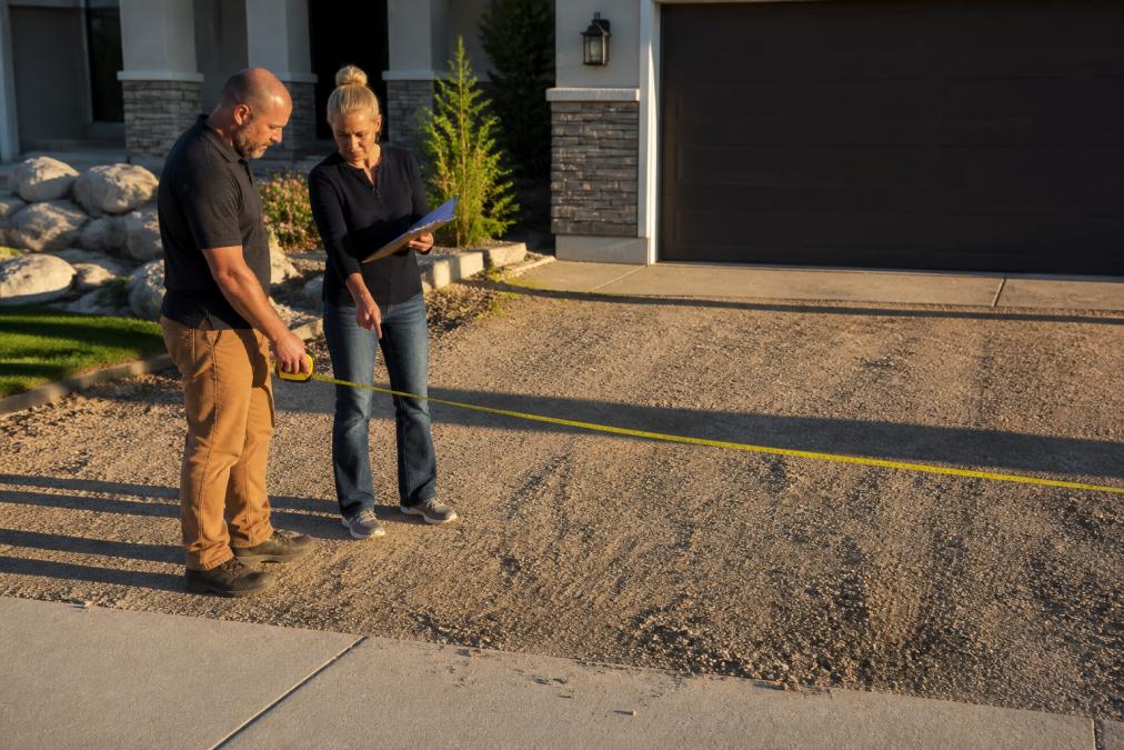 Homeowner and contractor standing in driveway area with measuring tape and clipboard, discussing slope angle and existing surface conditions, morning sunlight casting shadows