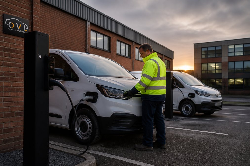 Fleet manager checking electric van charging cables at a UK depot at dusk