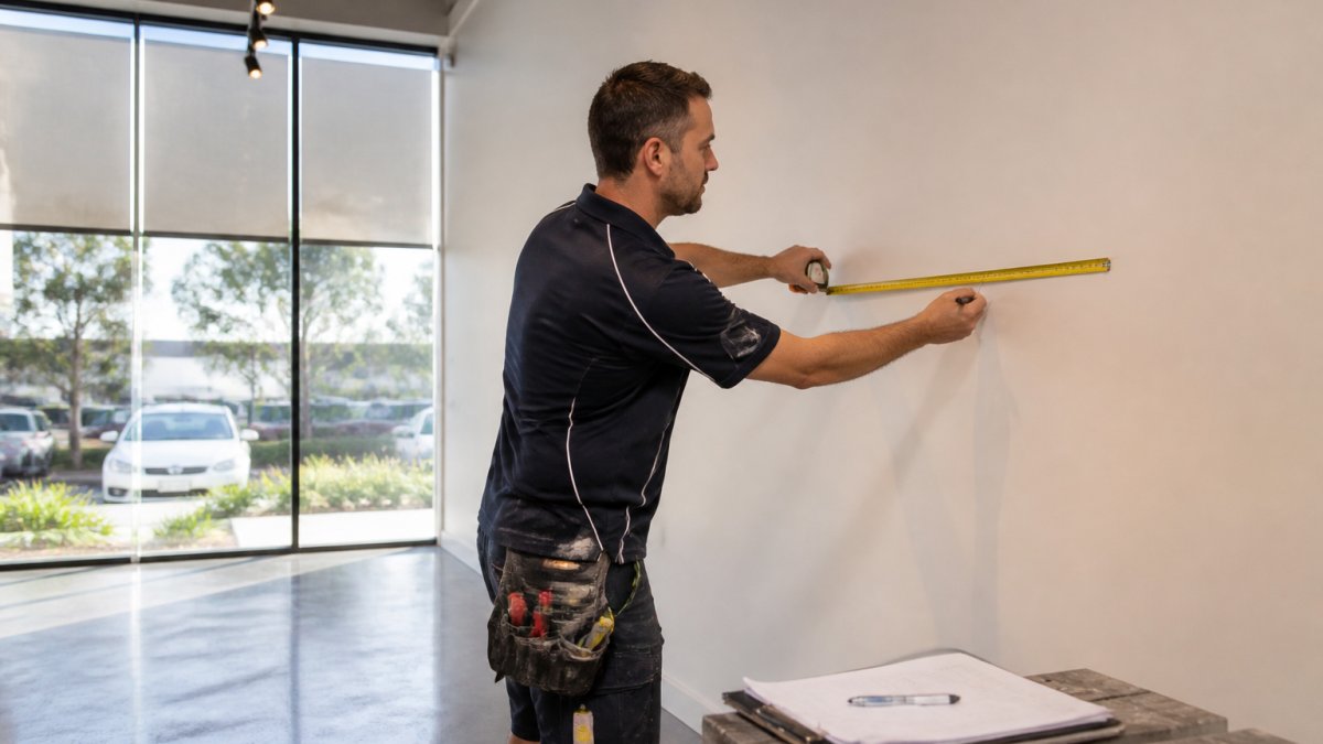 Electrician marking power point locations on retail shop wall during planning phase, with measuring tape and clipboard visible, bright natural light from shop windows