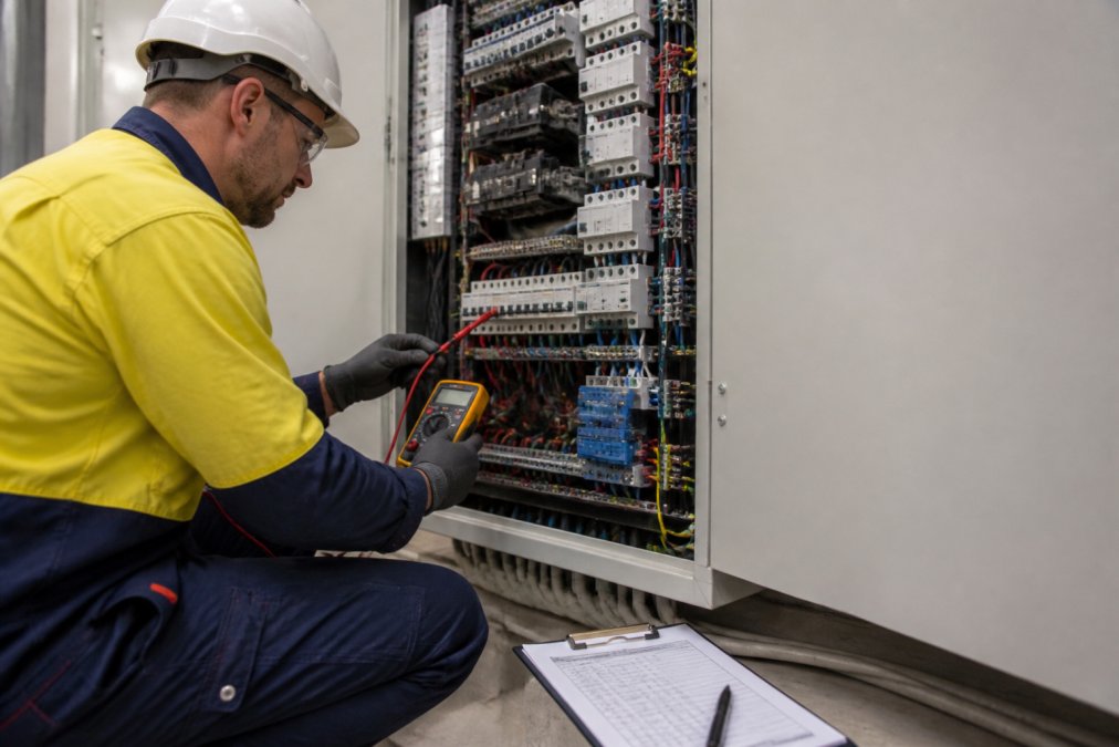 Licensed electrician performing visual inspection of a commercial switchboard panel with multimeter and testing equipment, clipboard nearby
