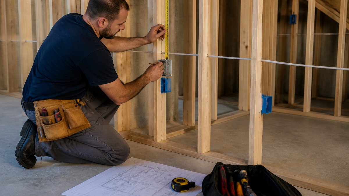 A licensed electrician kneeling in a framed basement, measuring and marking outlet box locations on a wooden stud wall, with blueprints and a tape measure nearby