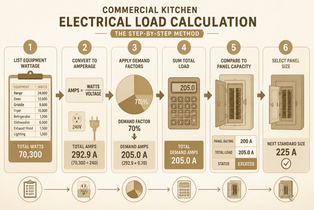 Flowchart showing the load calculation process: list equipment wattage, convert to amperage, apply demand factors, sum total load, compare to panel capacity, select panel size