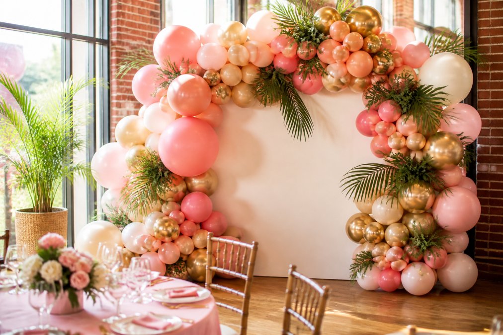 Finished organic balloon arch backdrop at a birthday party with layered balloons in coordinated colors showing natural flow and visual depth, photographed in warm afternoon light