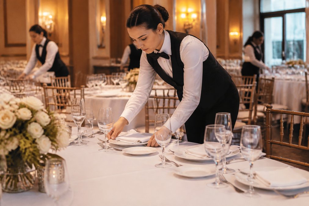 Professional catering staff arranging place settings with white linens and elegant tableware at event venue with warm ambient lighting