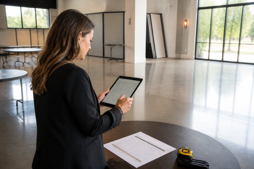 Event planner reviewing detailed load-in timeline on tablet while standing in empty venue space, with printed schedule and measuring tape on nearby table, natural afternoon lighting through large windows