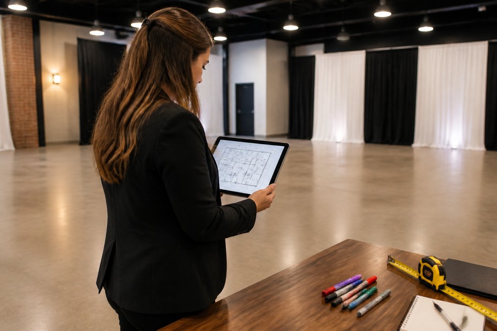Event coordinator reviewing large-scale floorplan blueprint on tablet while standing in empty venue space, with measuring tape, colored markers, and notes visible on nearby table, professional lighting from overhead fixtures
