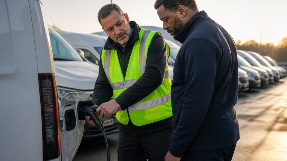 A fleet manager in a high-visibility vest showing a driver how to plug a charging cable into an electric van at a depot, early morning light, other vans parked in a row behind